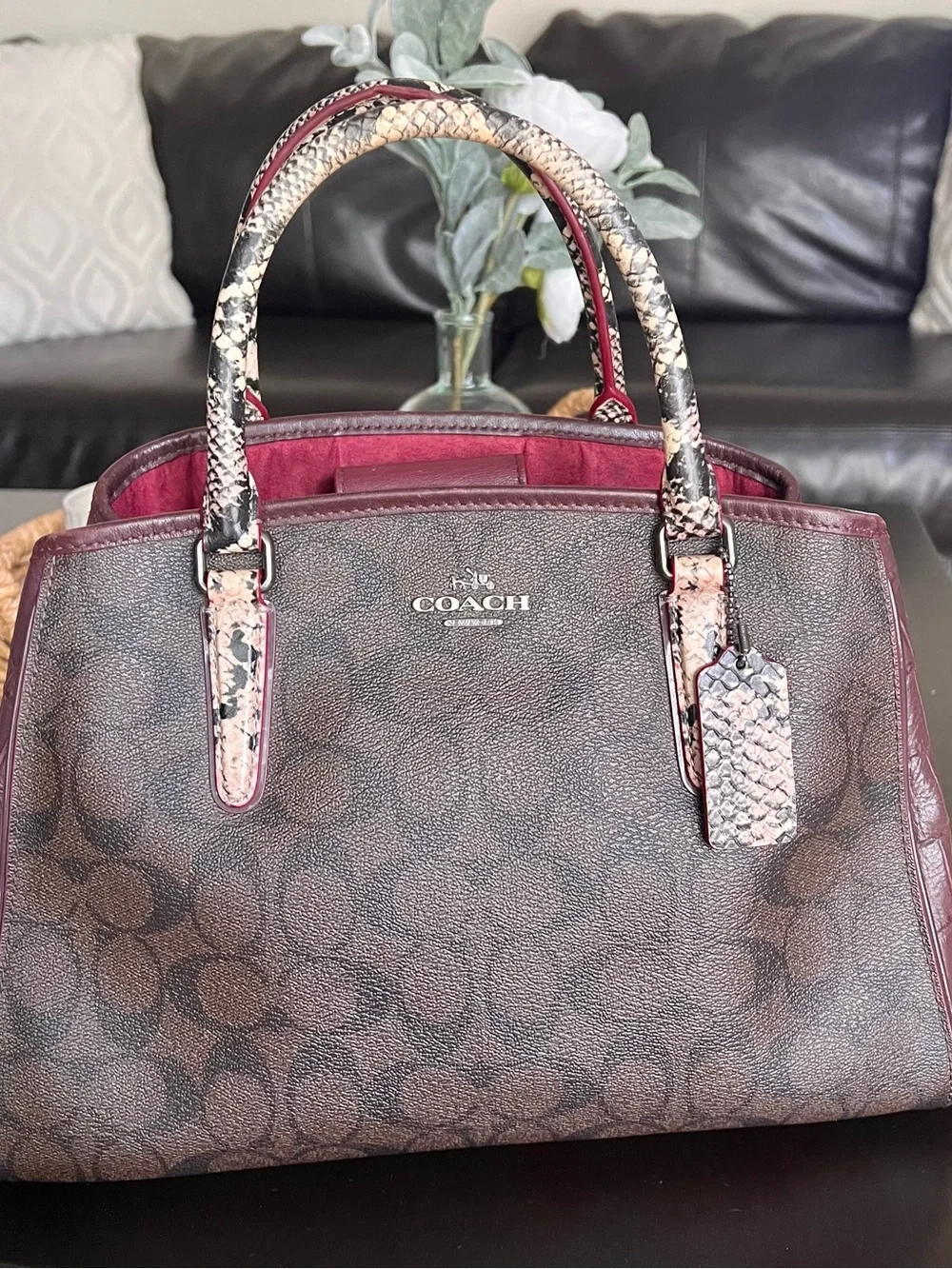 COACH MARGOT Embossed Snake Leather Signature Satchel Dark Brown/Burgundy